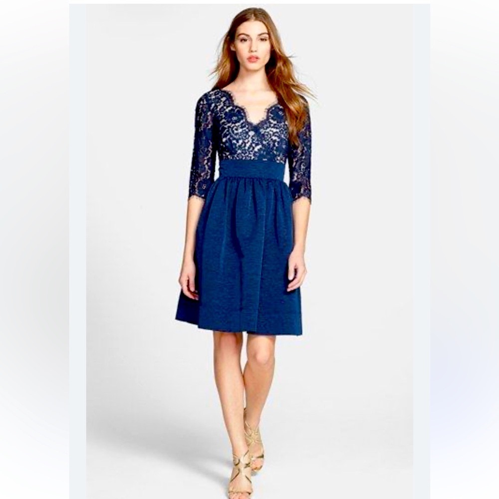 Eliza J— petite navy blue empire lace bodice dress